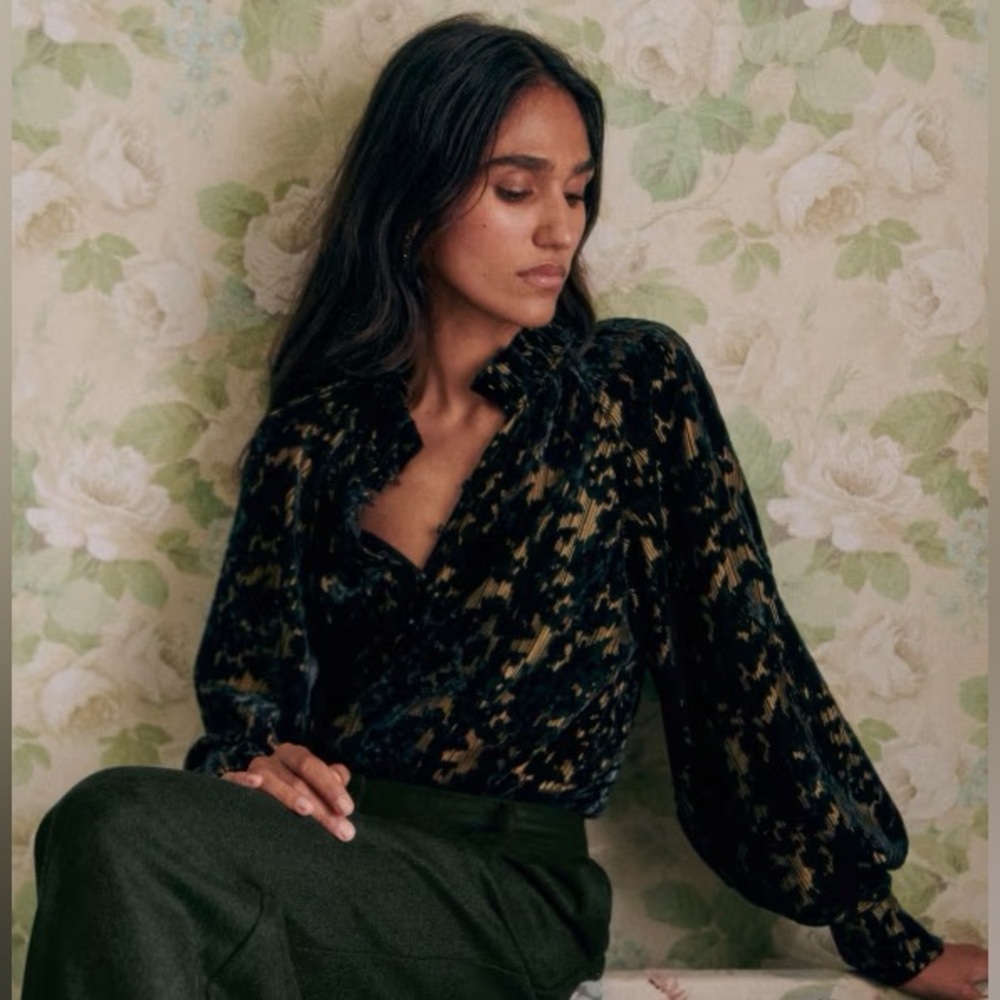 Sezane Loubna Blouse in Bottle Green Jacquard